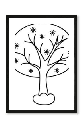 Vector black and white cartoon Christmas tree clipart covered with snow and snowflakes. Cute new year symbol illustration for kids. Winter holiday plant line icon, coloring page