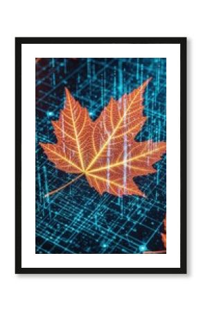 Autumn Maple Leaf Digital Technology Matrix Background Glowing Orange Conceptual Design