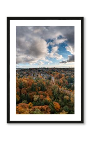 Autumn Aerial View Of Burnaby Neighborhoods And Colorful Forests In Greater Vancouver