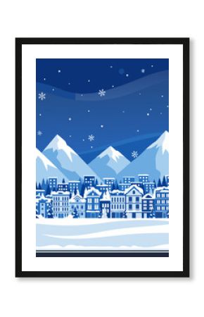 Winter Cityscape Illustration with Mountains and Snowflakes