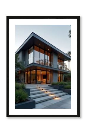 Modern house with big windows. Villa with garden. Residence building architecture with glass facade. Contemporary home exterior design. Luxury real property. Private grey house, modern architecture