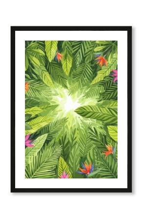 A modern watercolor perspective looking up through lush, vibrant tropical jungle foliage and exotic flowers, bathed in bright sunlight