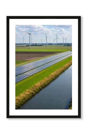Expansive solar farm and wind turbines in a rural landscape with a canal.