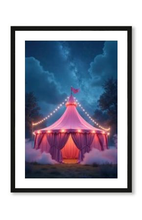 Enchanted pink circus tent glows under starry night. Lights adorn tent against dark skies. Smoke adds mystical touch. Trees surround magical fairytale scene. Ideal for whimsical event concepts