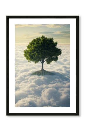 Virtual tree growing above the clouds with glowing branches and digital roots representing growth, nature, technology, surreal landscape, futuristic environment, and abstract digital visualization