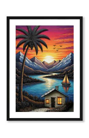 Mountain landscape with hut on the beach