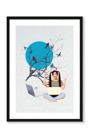 Vertical poster image collage of happy korean girl sit pagoda japan park sakura tree bloom flower laptop device freelancer travel