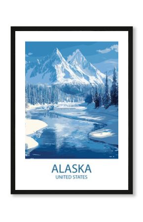 A stunning vector illustration of an Alaskan winter landscape featuring towering snow-covered mountains, a partially frozen river winding through a dense pine forest.