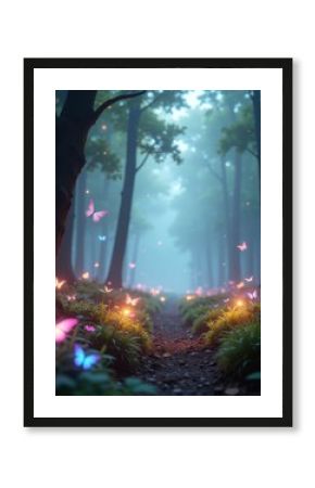 bosque mágico y de fantasía envuelto en una atmósfera etérea y misteriosa, al anochece.