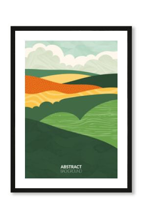 Green farm agriculture field template. Agro design vector layout. Abstract eco poster. Vertical ecology background. Eco countryside, hill shape, decoration organic farmland, nature art leaflet