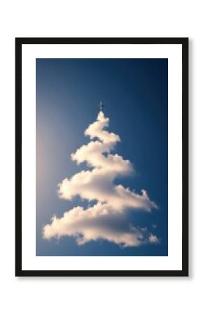 An airplane flying above a cloud formation shaped like a Christmas tree in a clear blue sky