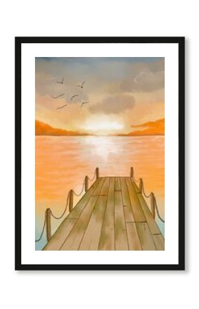 Watercolor Wooden Pier at Sunset Over Calm Water