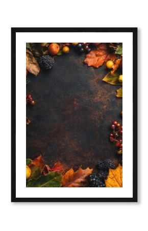 Autumn's bounty is showcased with colorful leaves and berries bordering a dark background, creating an inviting space for fall harvest and thanksgiving themes