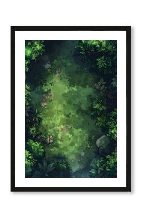 Aerial view of a lush forest clearing, with varied green vegetation and scattered rocks along a winding path
