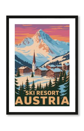 Austrian alps winter travel poster, vintage 1950s style design, snow-covered peaks, charming chalets, pine trees, clear blue sky, skiing holiday and alpine adventure scene.