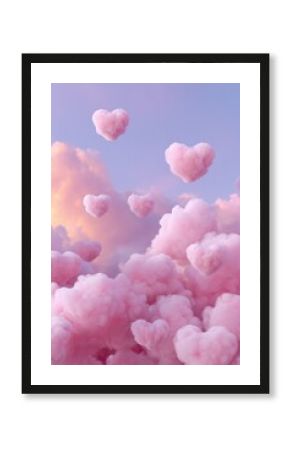 Pink heart-shaped clouds in a pastel sky at sunset