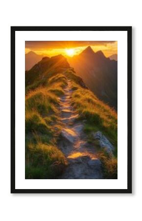 A path stretching towards the horizon, illuminated by the sunrise over the mountain peaks, will serve as an inspiring backdrop for motivational posters or sports brands.