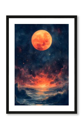 Vibrant Celestial Tapestry A Surreal Watercolor Scene of Moonlit Clouds and Cosmic Wonders