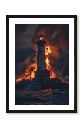 Historic Lighthouse Engulfed in Flames - Beacon of Light.