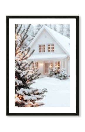 A charming house features glowing garlands on its eaves, surrounded by a blanket of snow in a serene winter setting