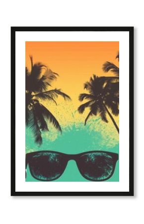 Bright silhouettes of sunglasses stand in front of a beautiful beach sunset featuring palm trees, evoking a sense of summer tranquility. Generative AI