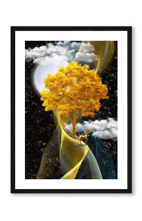 Illustration decorative canvas art. 3d colored wavy lines and moon and golden christmas tree and birds . dark black background for canvas wall frame art.