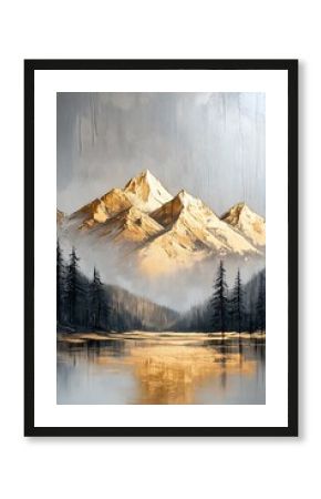 Majestic mountain peaks reflected in a serene lake surrounded by enchanting pine forests at sunrise