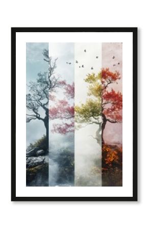 A visual journey through the four seasons showcasing trees in lush landscapes amidst misty atmospheres at dawn