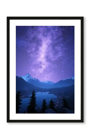 Serene night landscape with mountains, lake, and starry sky.