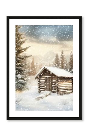 Christmas holiday postcard collage. DOF bokeh light postprocessing effect on a winter landscape with wooden house in snowy mountains