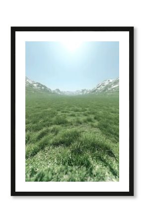 A serene landscape featuring lush, green grass under a bright sun, framed by distant snow-capped mountains, creating a peaceful and inviting atmosphere.