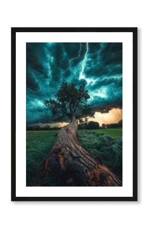 Stormy skies illuminate a lonely tree in a vibrant landscape