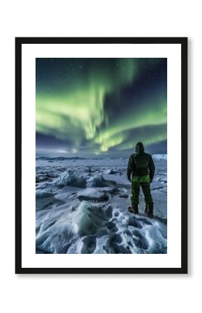 The polar aurora bathes the night sky in enchanting hues, creating a mesmerizing display of swirling lights over a frozen landscape.