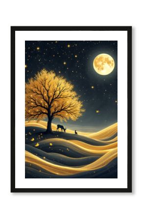 Night Landscape with Golden Trees and Majestic Deer 3D Wallpaper Mural