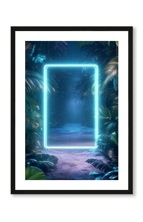 Topical Frame made of roots leafs, foliage, Inside a beach in the caribbean and floating,party, Foam party, Neon light, clean background, dark background, tropical beach by night