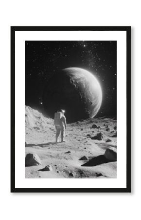 Ast astronaut exploring a barren lunar landscape with a distant planet in the background, black and white cosmic imagery of space exploration.