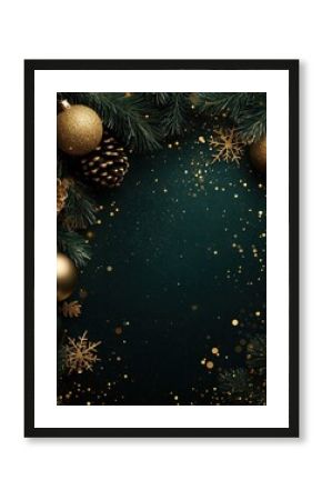 Beautiful dark Christmas background with green and golden, shining decoration and empty space. Copy space for your text. Merry Xmas, Happy New Year. Festive backdrop.