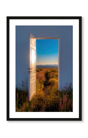 An inviting open door frames a vibrant path of wildflowers under a serene blue sky, creating a harmonious connection between indoors and nature.