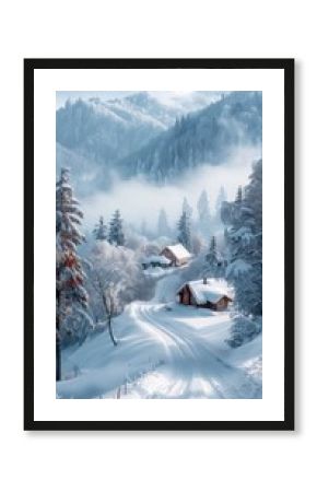 Winter season. Panorama of the foggy winter landscape in the mountains, Christmas holiday postcard collage.