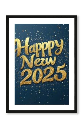 Celebrating the arrival of 2025 with a sparkling blue background and golden lettering wishing a happy new year. Happy New Year 2025 banner.