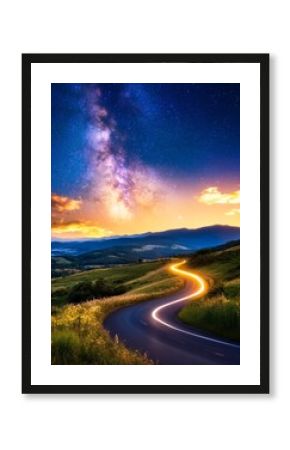 Winding Road Under Starry Sky - Scenic road, vibrant sunset, majestic mountains, bright stars, milky way galaxy. Symbolizes journey, adventure, freedom, hope, and dreams.