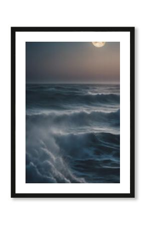 Ocean waves crashing under a full moon at night vertical