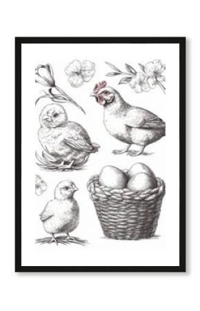 Eggs and chicken. Vintage easter sketch. Hand drawn rustic chicks, bunny. Spring blooming tulips, festive elements. Farm products vector set