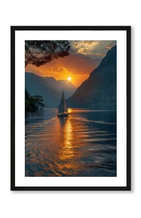 A sailboat glides on a serene lake during sunset between rugged mountains. Concept of tranquility and natural beauty. For travel photo or relaxation theme.