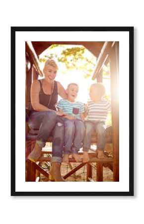 Jungle gym, mother and brothers with portrait, smile and game with happiness, nature and family. Single parent, mama and boys in park, children and bonding together with fun, lens flare and laughing