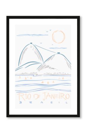 Illustration in simple and uncluttered lines of a landscape of the city of Rio de Janeiro, Brazil.