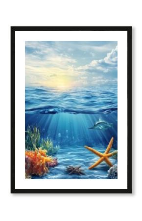 Dolphin Swimming Underwater with Starfish and Coral on Ocean Floor