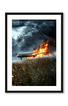 A plane ablaze crashes into a field during a torrential rainstorm under a dramatically dark and stormy sky.