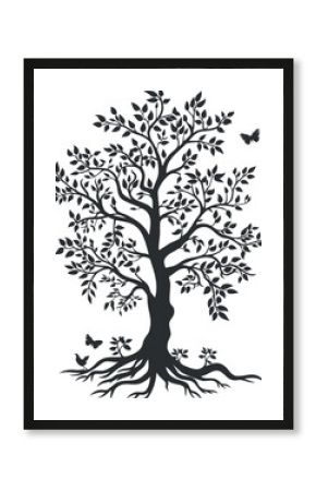 Intricate black and white silhouette of a tree with branches, leaves, roots, birds, and butterflies.