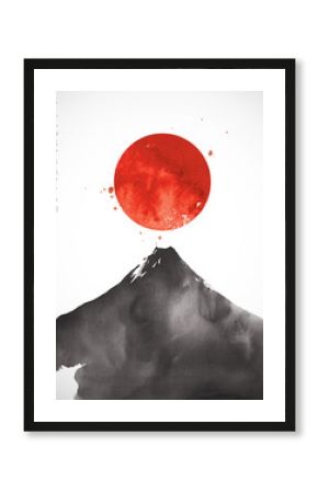 Ink wash painting on big  Fuji mountain and big red sun. Traditional Japanese ink wash painting sumi-e.